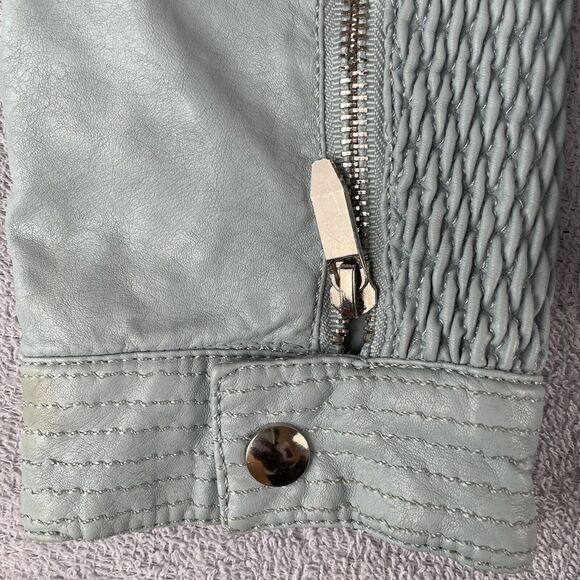 Faux Leather Moto Jacket Women's Medium Sky Blue by First Line Collar Pockets - Picture 11 of 16